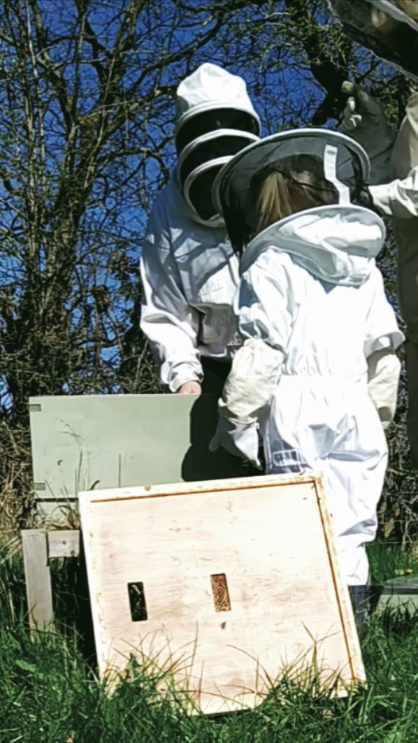 Two people in beekeeping suits standing next to a beehive in a grassy area with trees in the background.