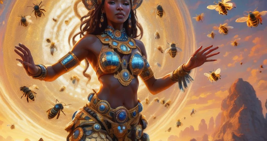Futuristic woman with bee-like creatures in a desert landscape